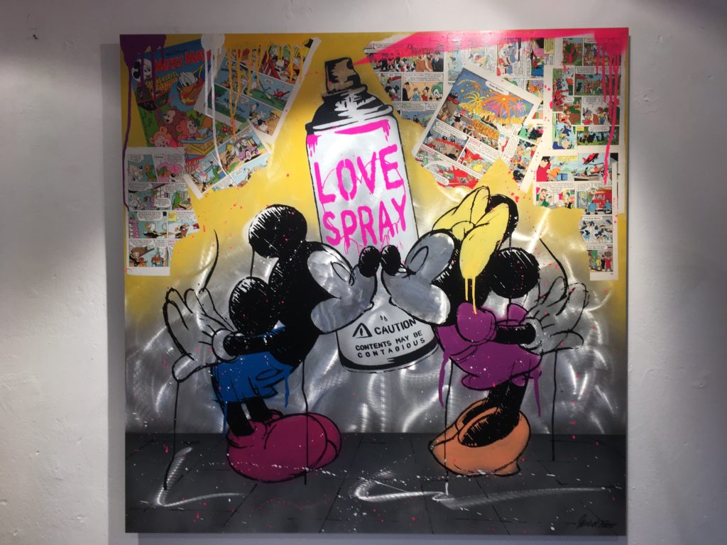 „Mickey Love Spray“ von Michel Friess,Original 100x100cm, Mischtechnik auf Aluminium